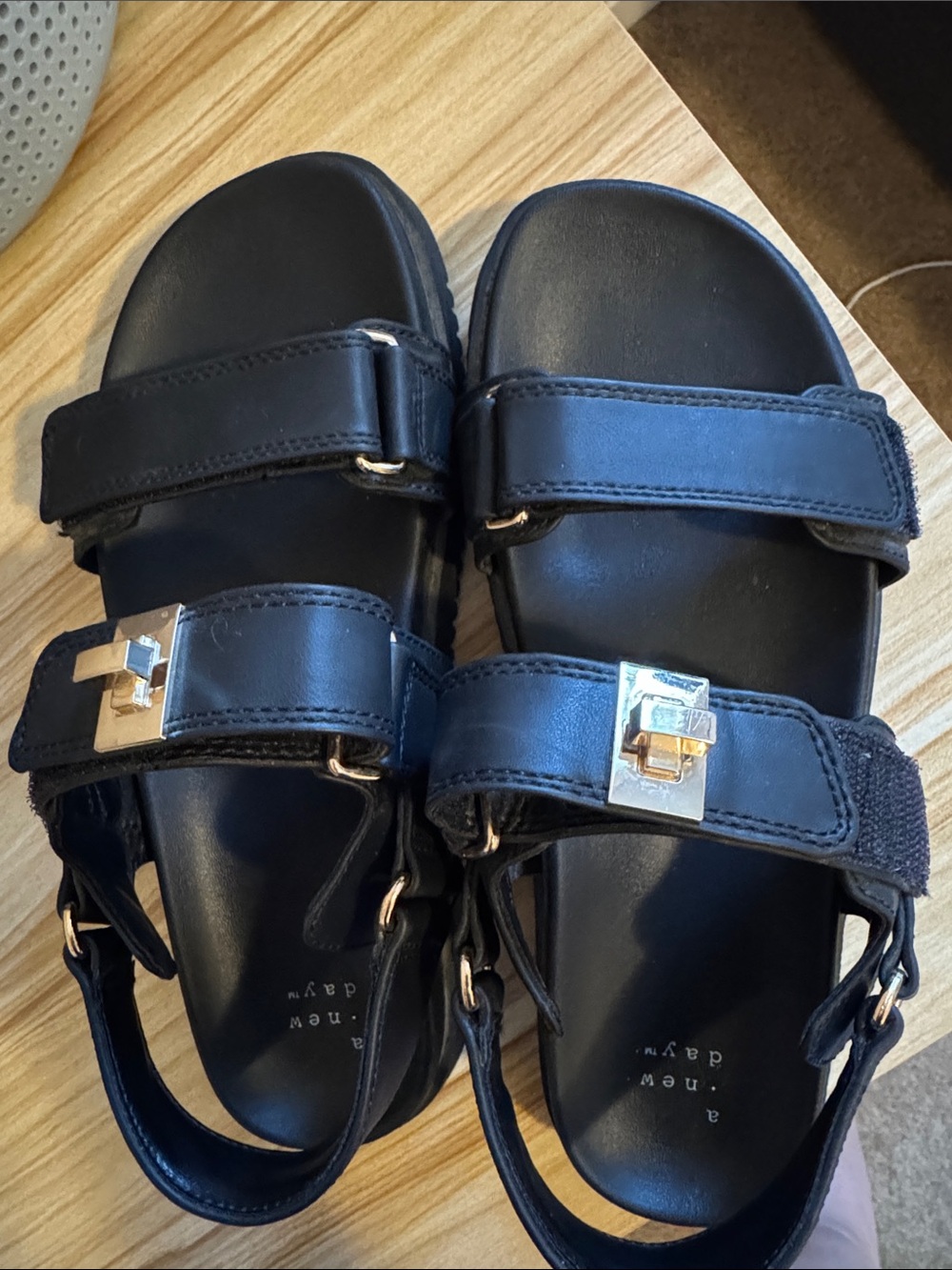 a new day Black Leather Double Strap Sandals with Gold Buckle